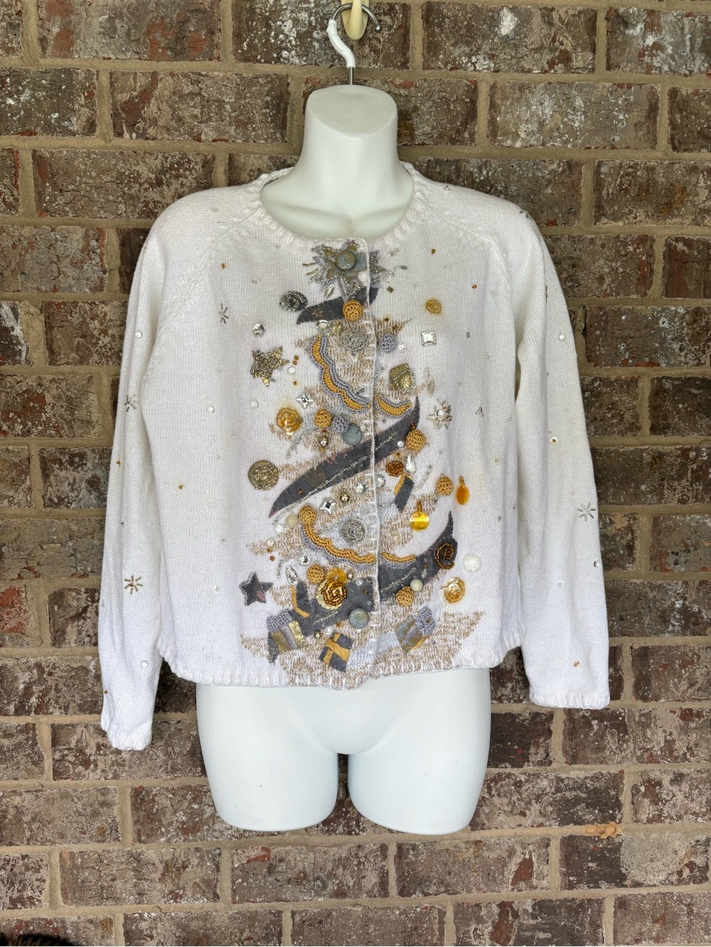 Michael SIMON white Christmas Tree Sparkling cardigan Vintage Padded Shoulders